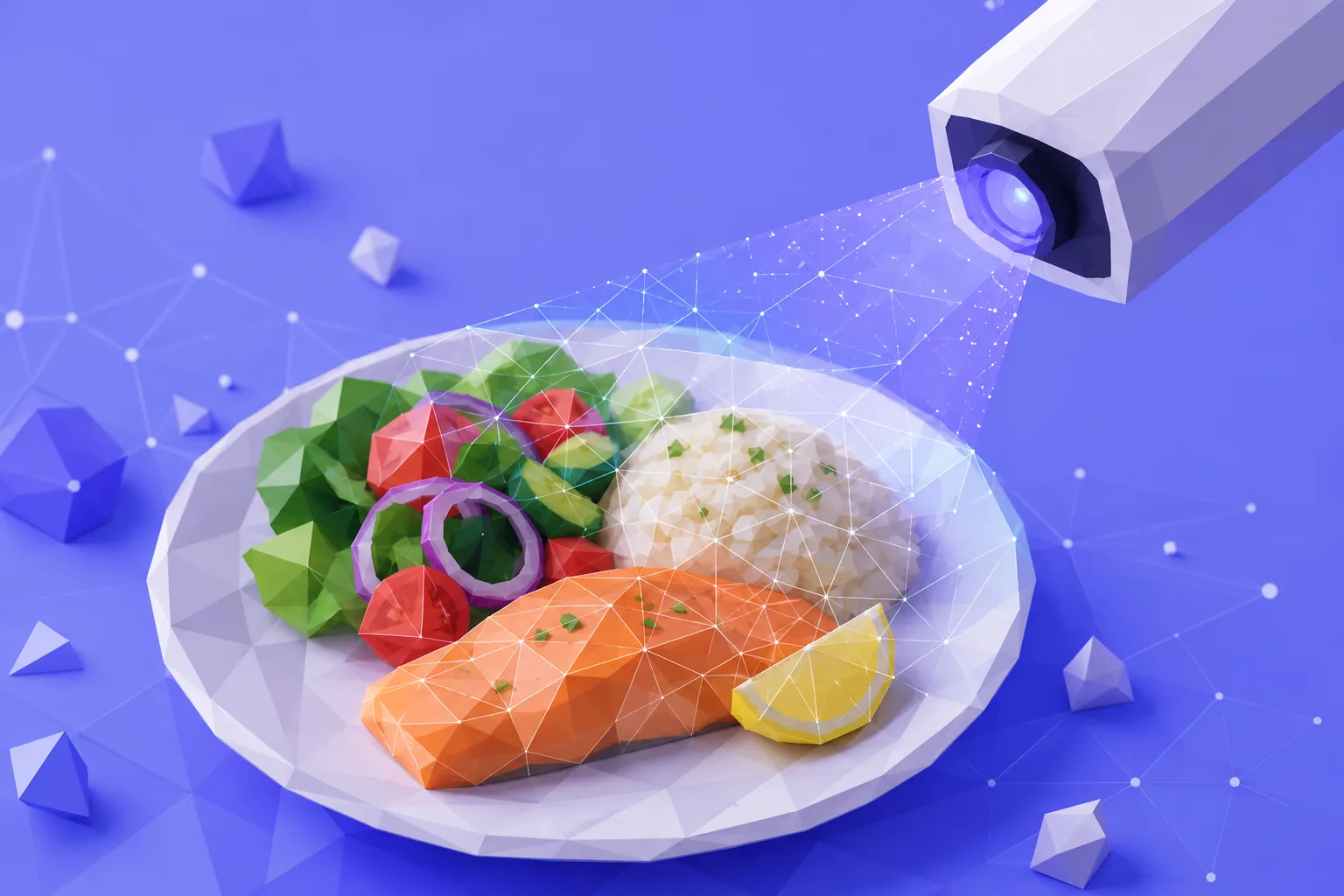 AI scanner reading a low-poly plate of salmon, salad, and rice