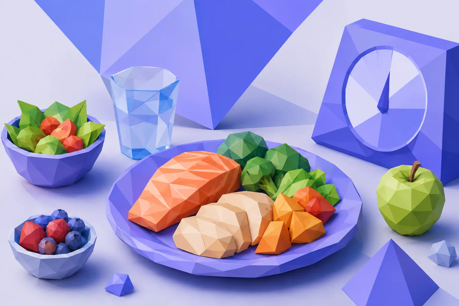 Low-poly balanced plate beside a clock