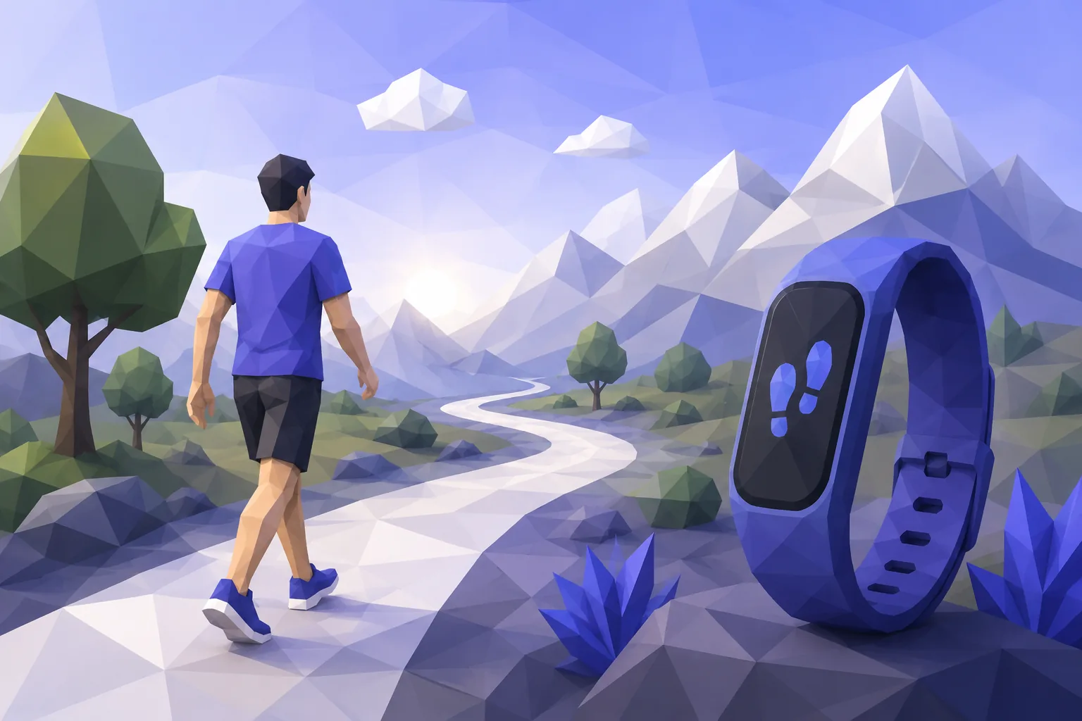 Low-poly walking figure and step counter beside a winding path
