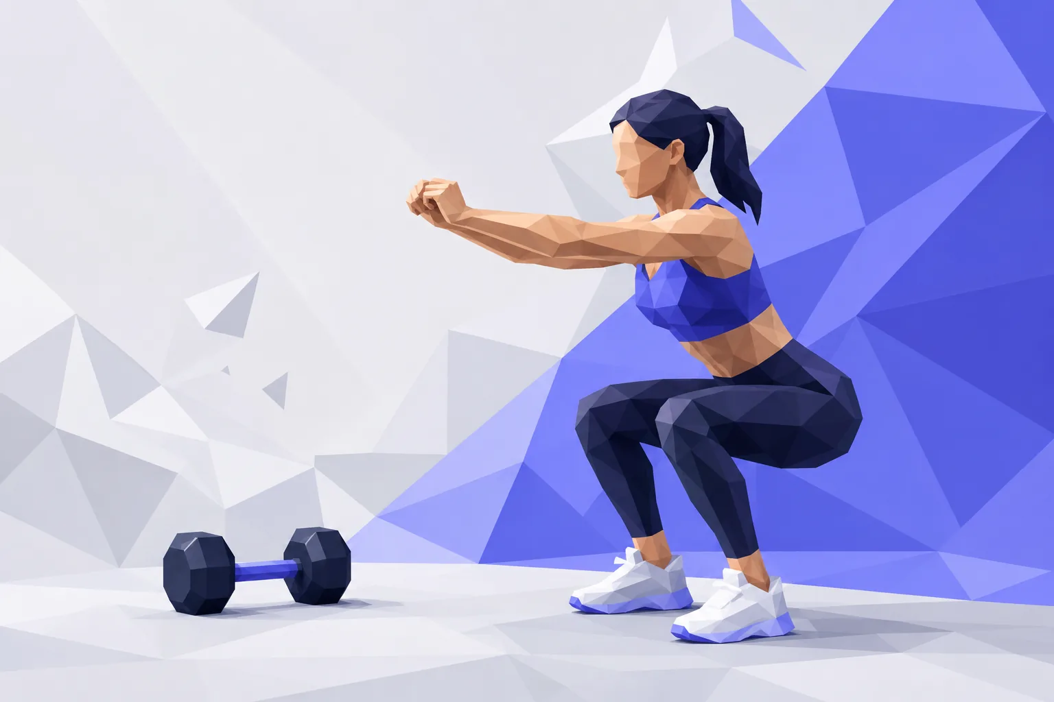 Low-poly figure performing a squat beside a dumbbell