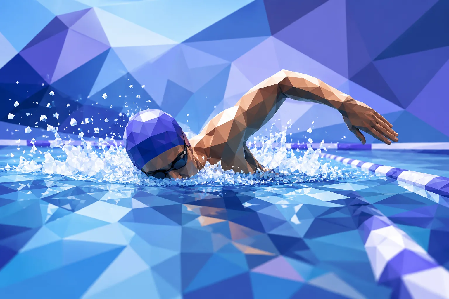 Low-poly swimmer mid-stroke in a pool lane