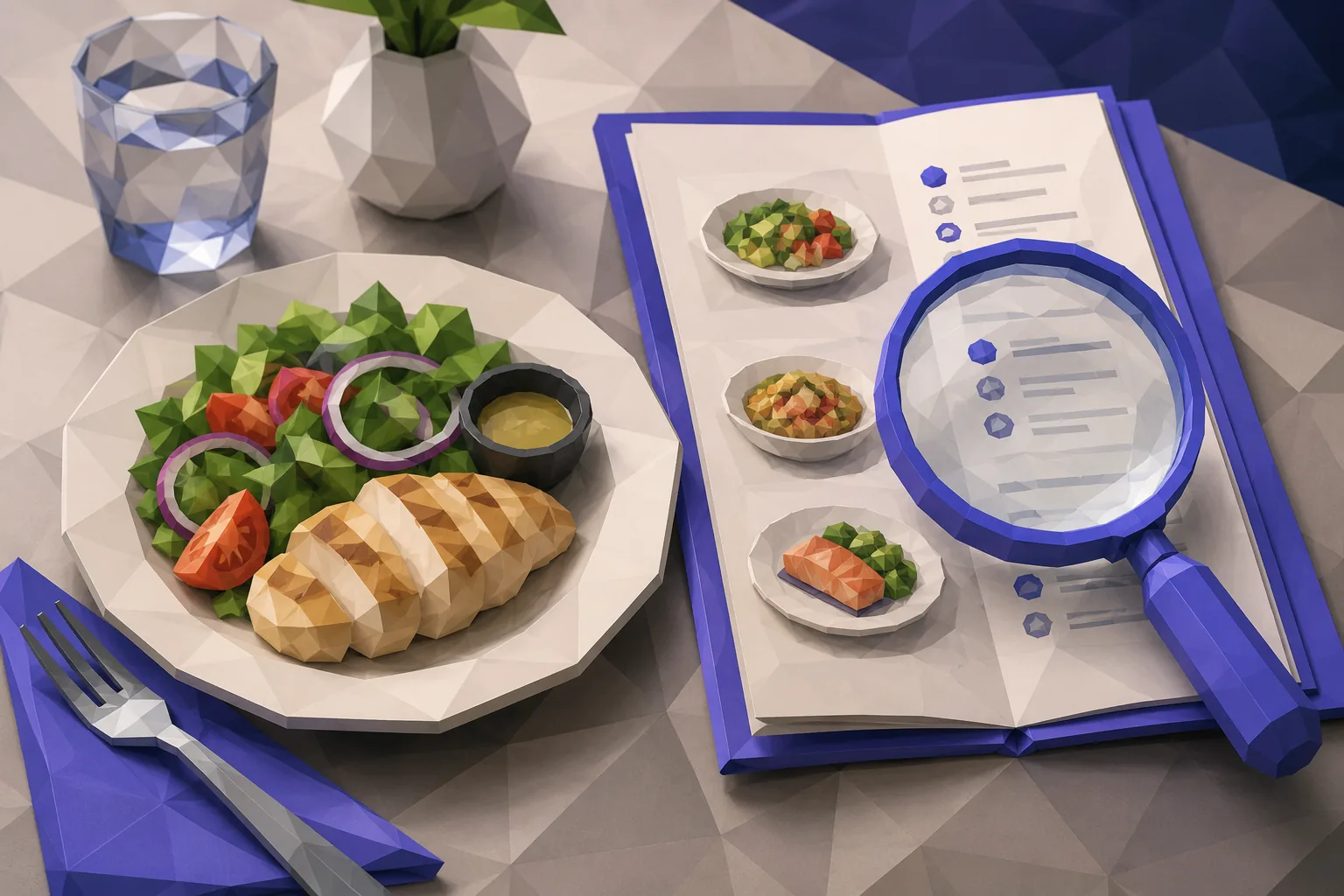Low-poly restaurant plate and menu with a magnifying glass