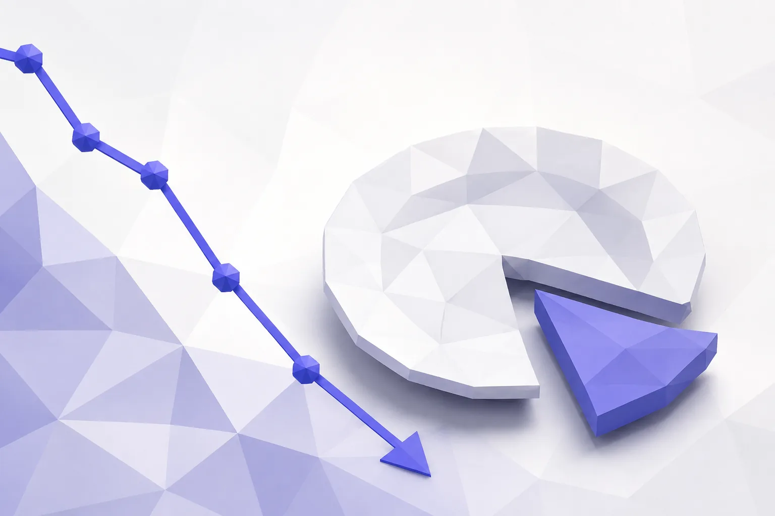 Low-poly plate with a slice removed beside a downward trend line