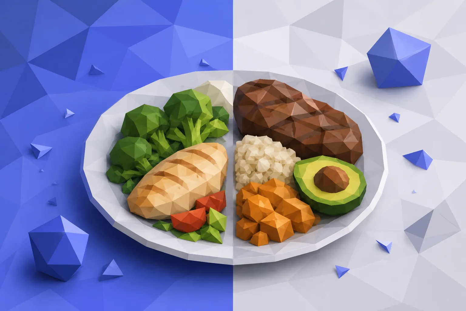 Low-poly split plate showing a lean cut and a fuller bulk