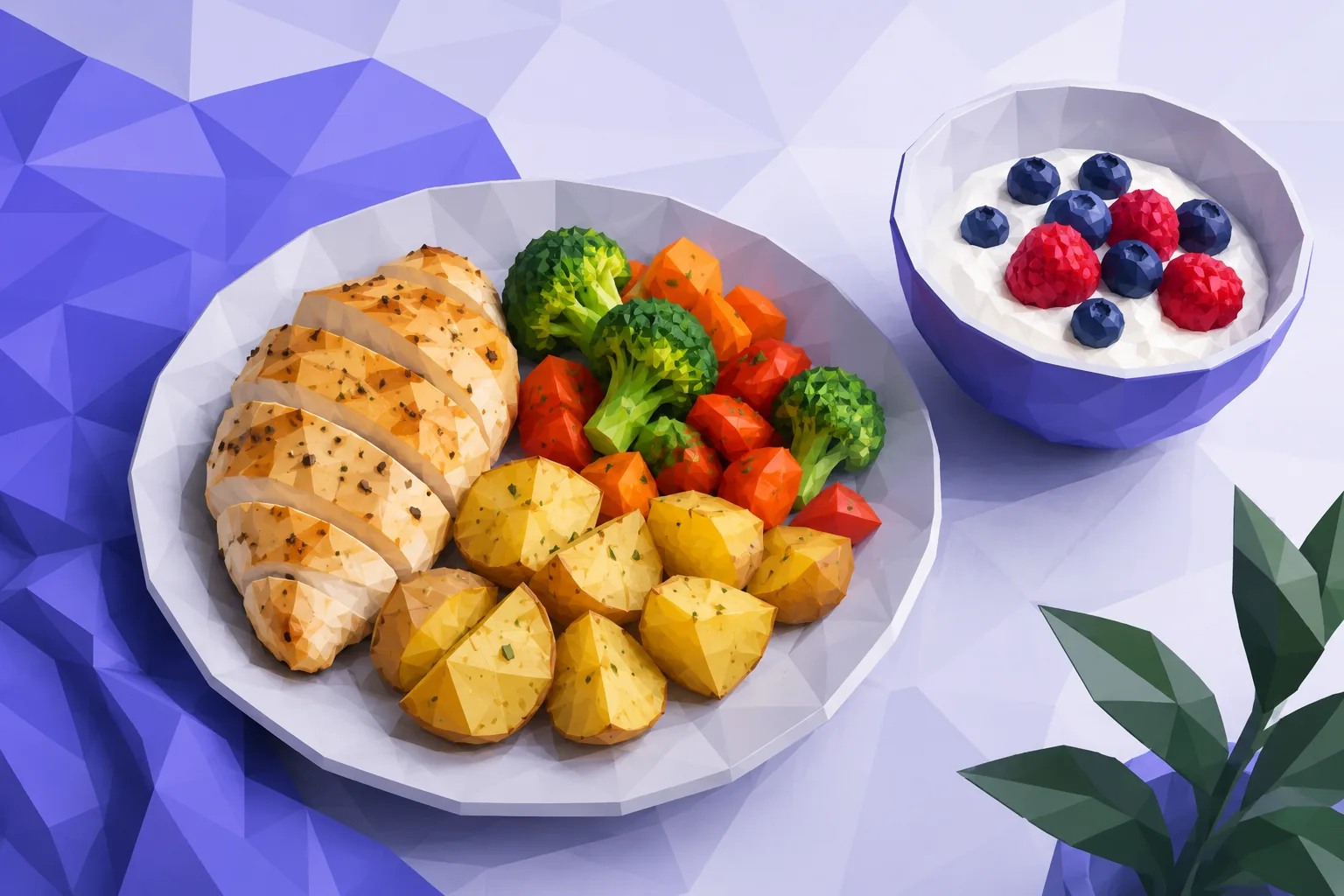 Low-poly plate of chicken, potatoes, and vegetables beside yogurt and berries