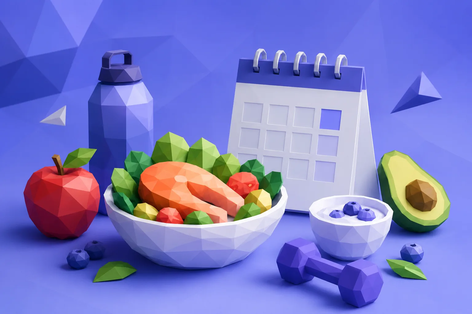 Low-poly calendar beside a bowl of salmon and vegetables