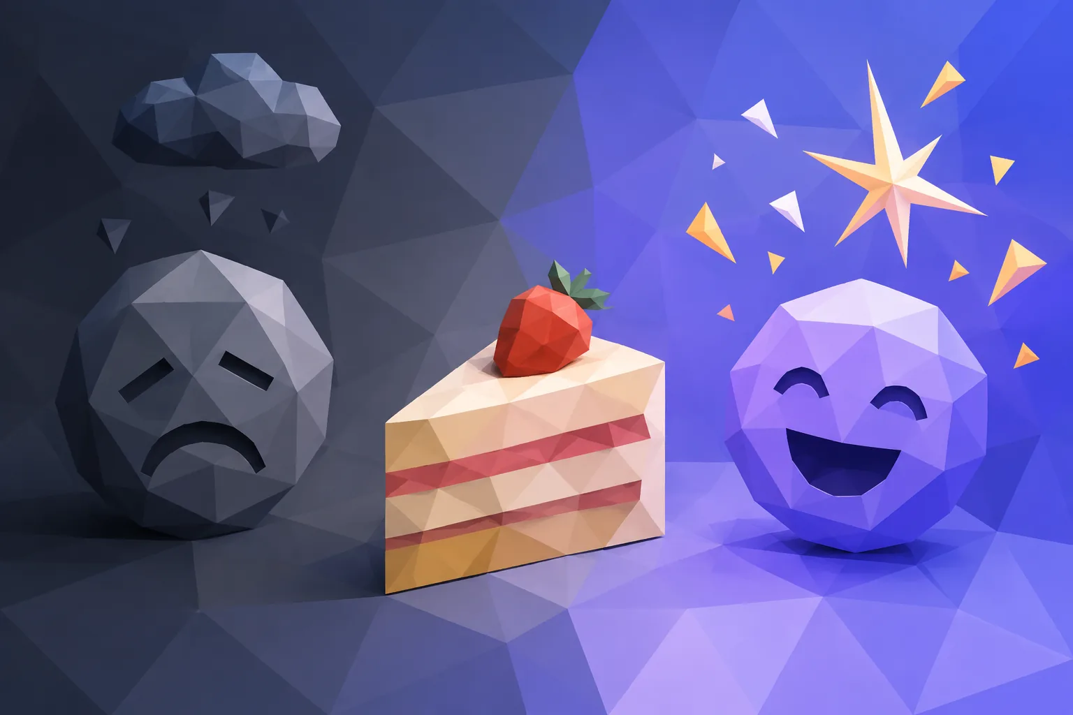 Low-poly slice of cake between a guilt frown and a celebration spark
