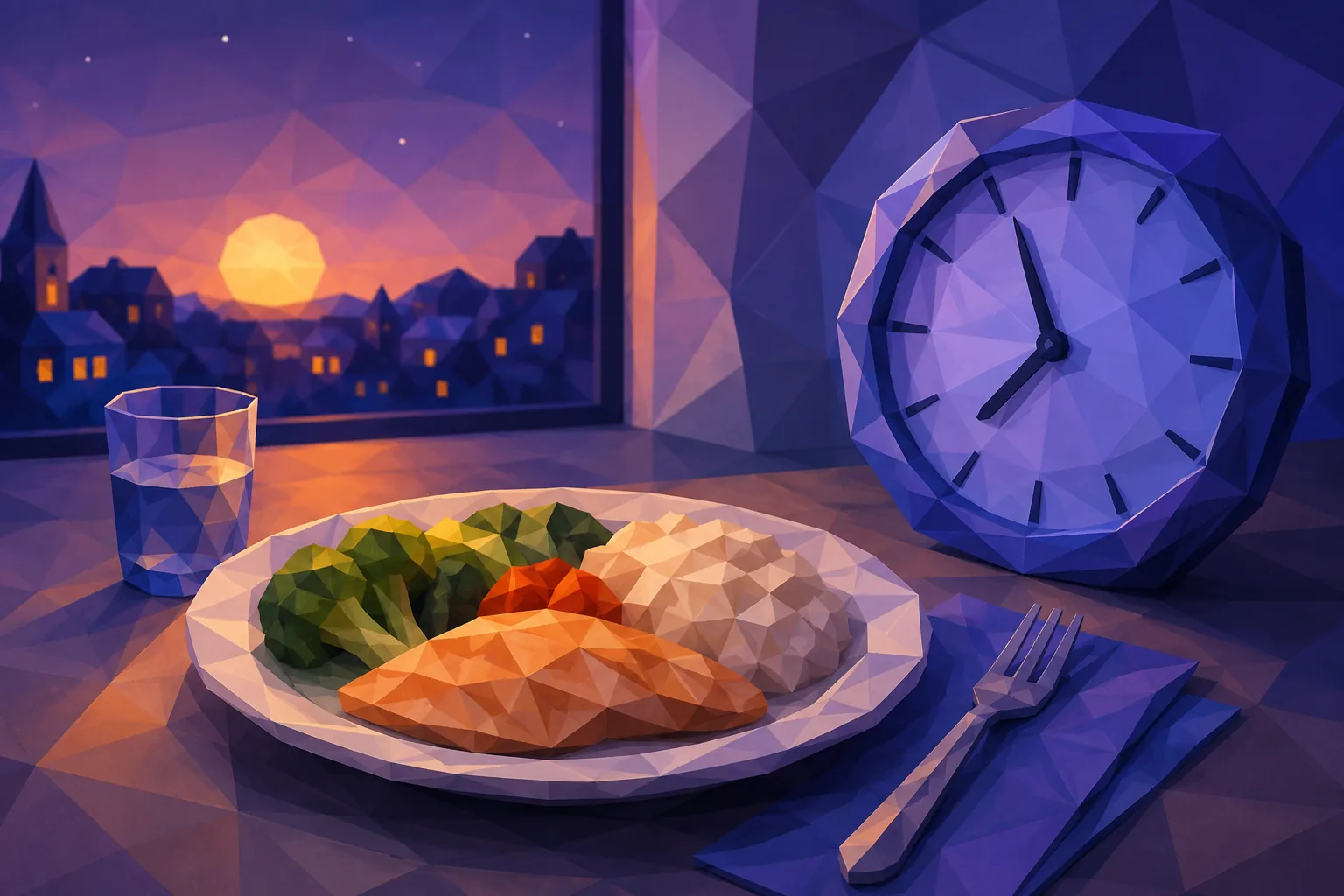Low-poly dinner plate beside an evening clock