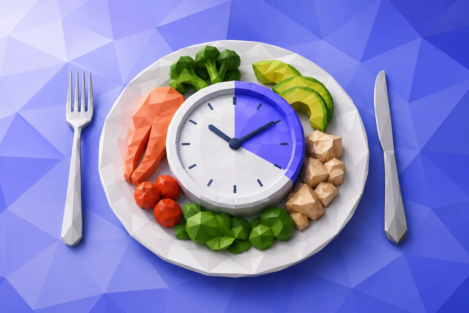 Low-poly clock over a plate marking an eating window