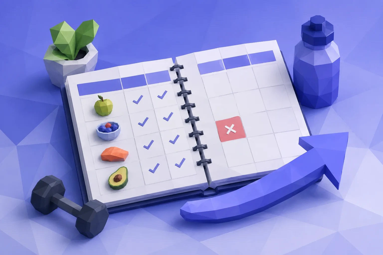 Low-poly food diary with a missed day and a resume arrow