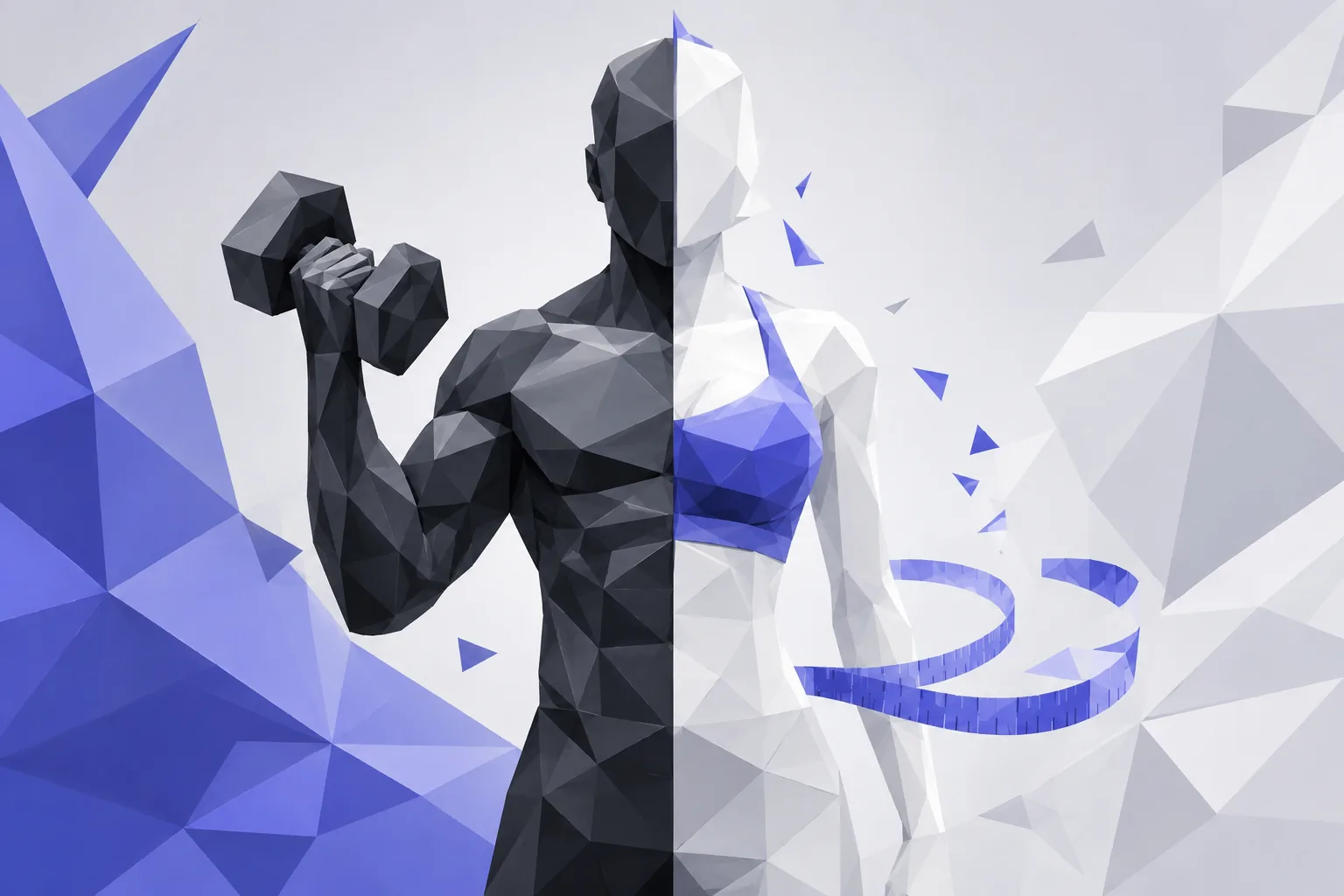 Low-poly figure split between a dumbbell and a slimming waistline