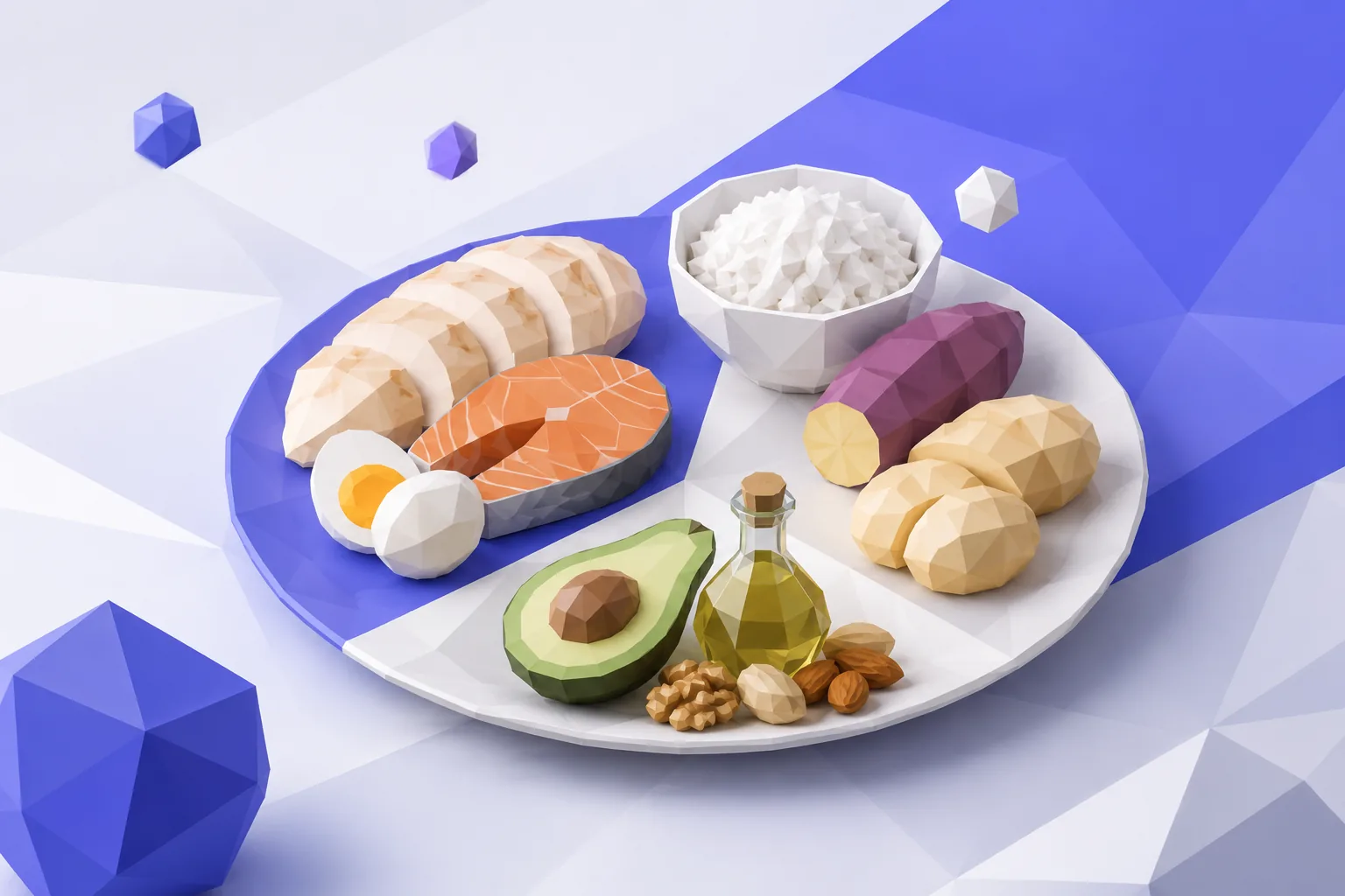 Low-poly plate of protein, carb, and fat foods