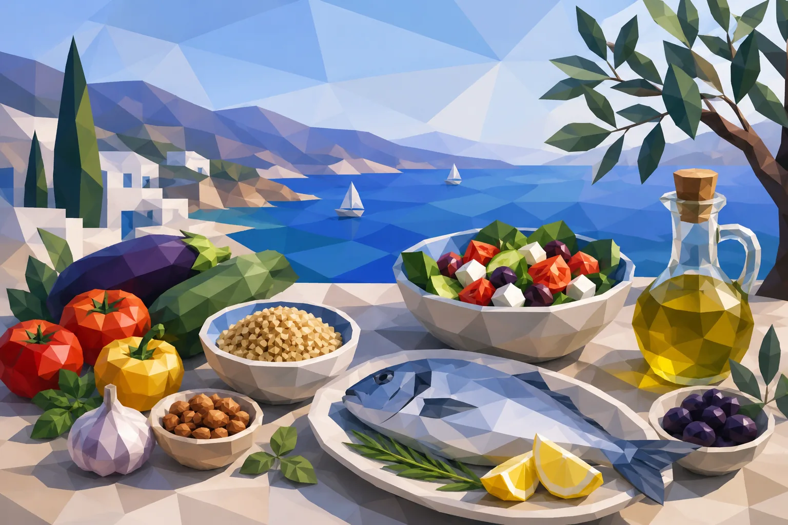 Low-poly Mediterranean spread of olive oil, fish, vegetables, and grains