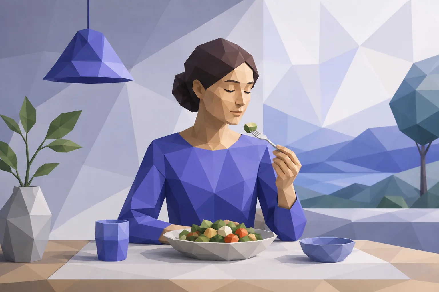 Low-poly calm figure eating slowly at a set table