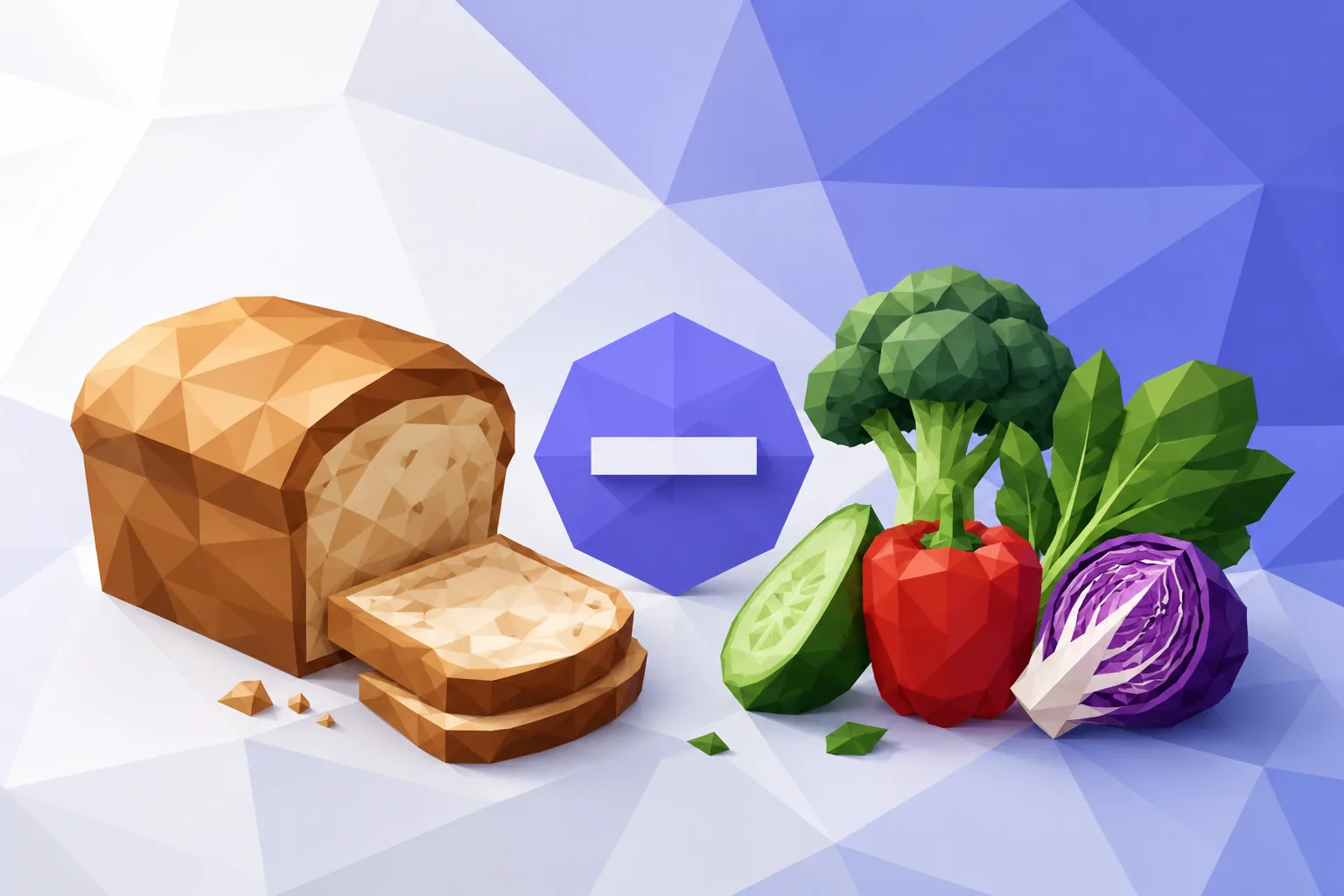 Low-poly bread and vegetables with a fibre subtraction symbol