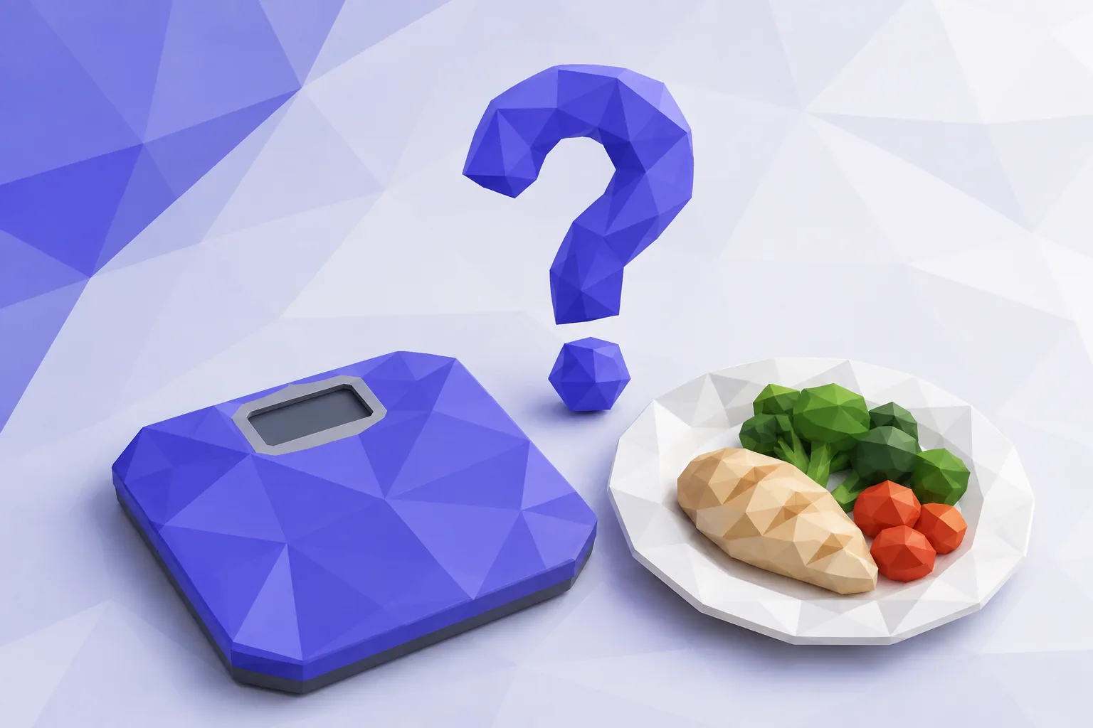 Low-poly scale reading flat beside a plate and a question mark