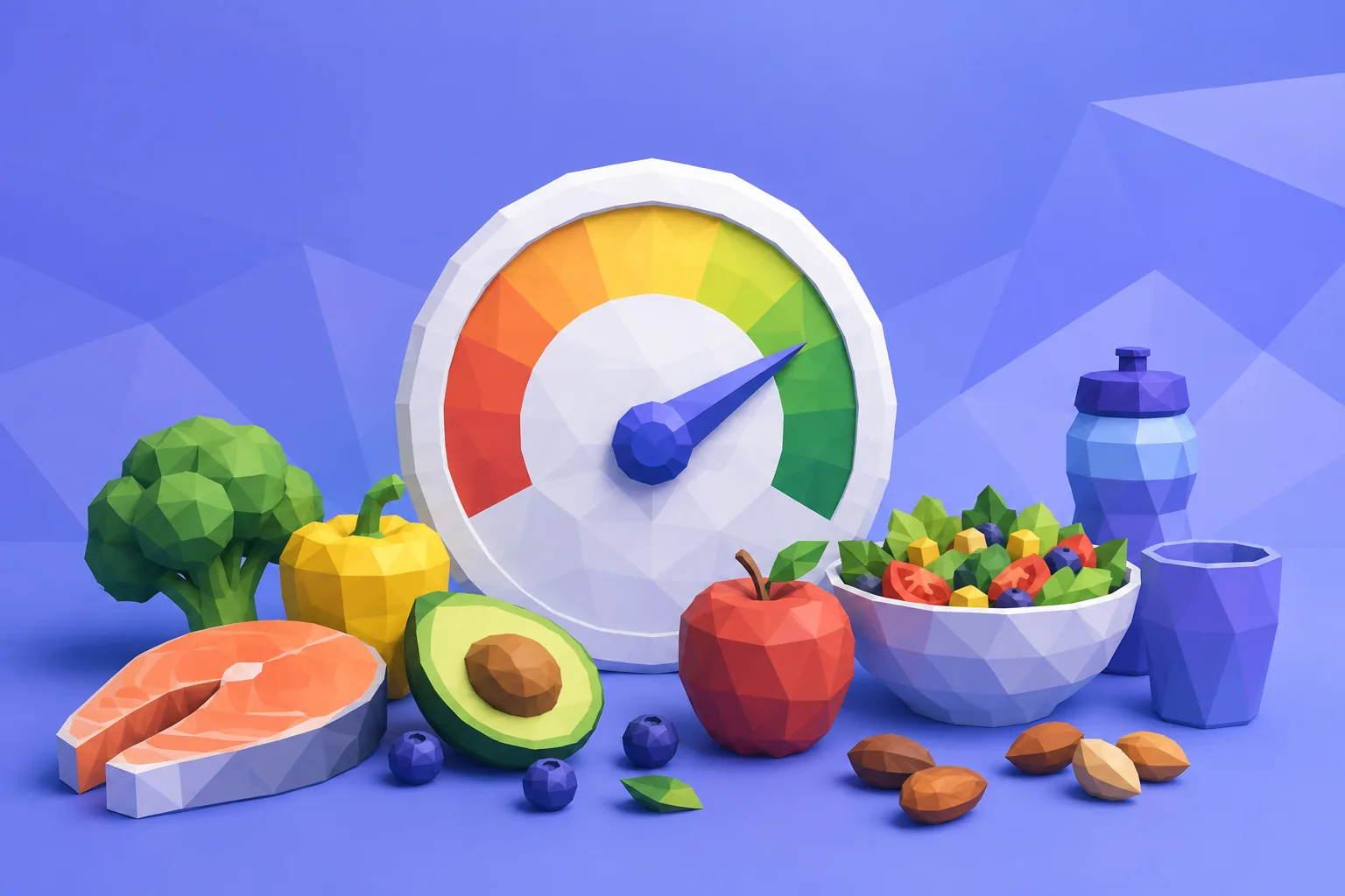Low-poly nutrition score gauge beside healthy foods