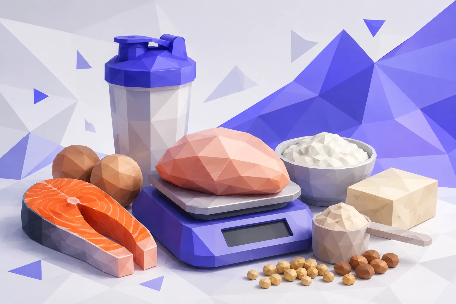 Low-poly protein foods beside a measuring scale
