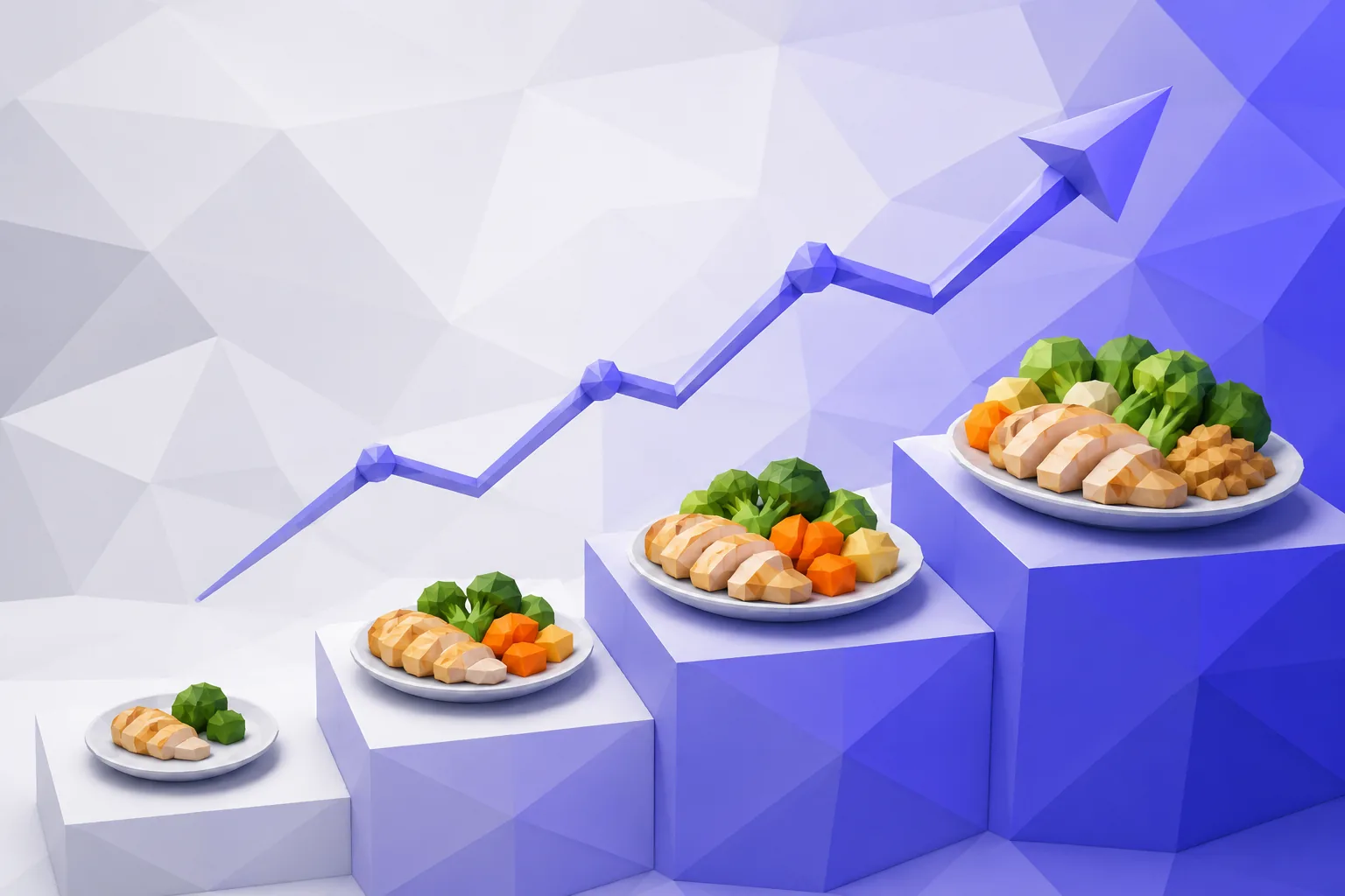 Low-poly rising steps of food portions after a diet