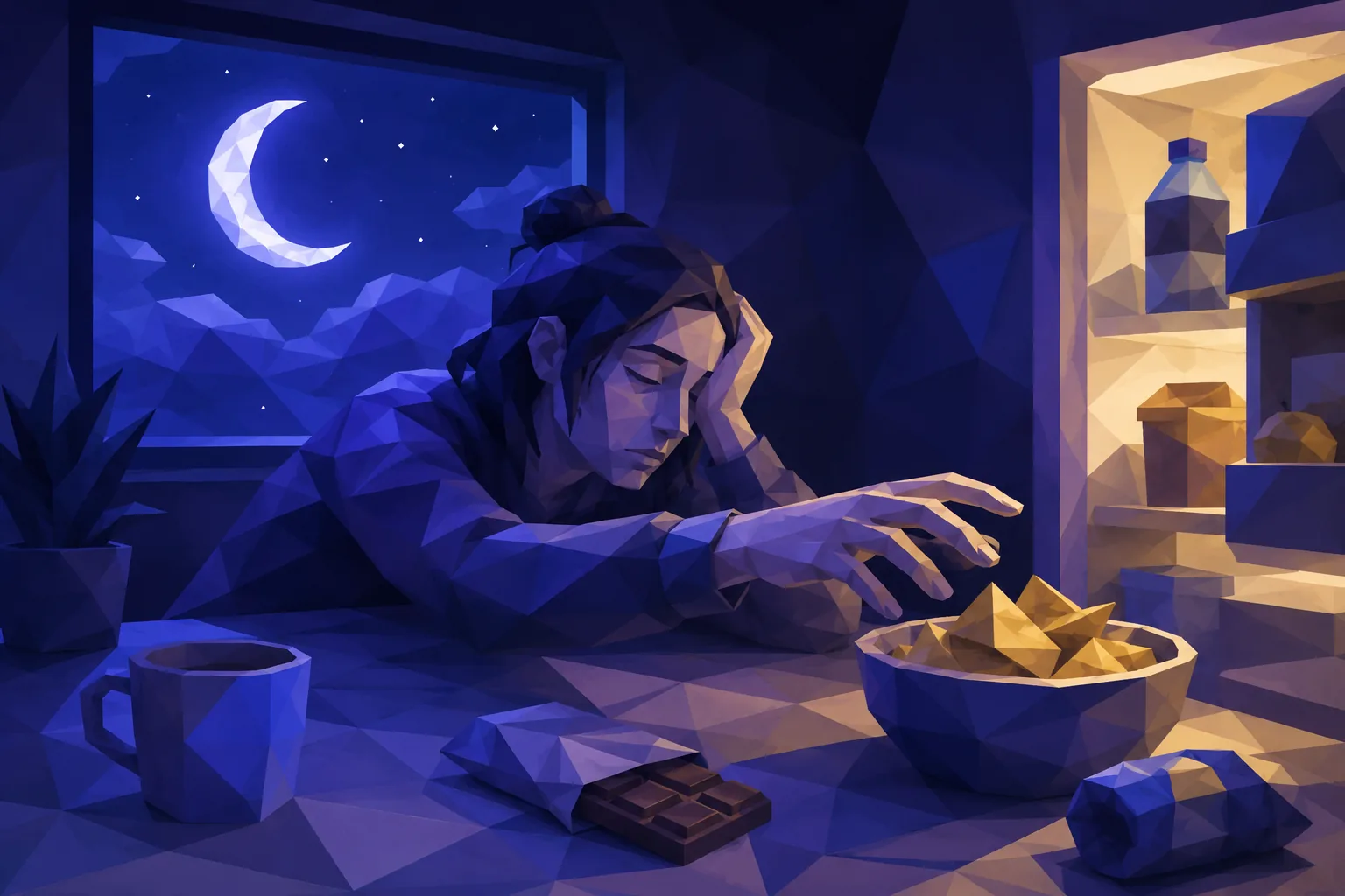 Low-poly tired figure at night reaching for snacks under a moon