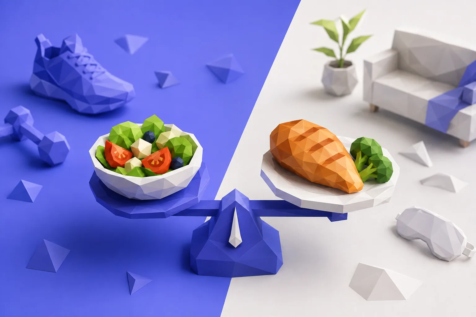 Low-poly balance scale weighing salad against chicken and broccoli