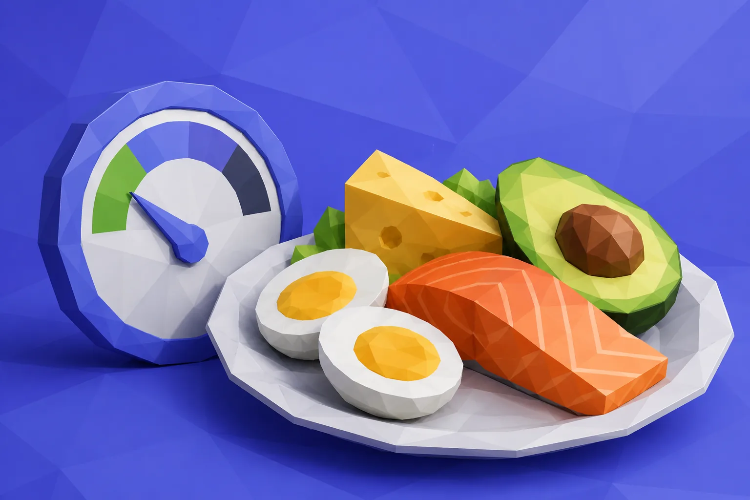 Low-poly keto plate of eggs, avocado, salmon, and cheese