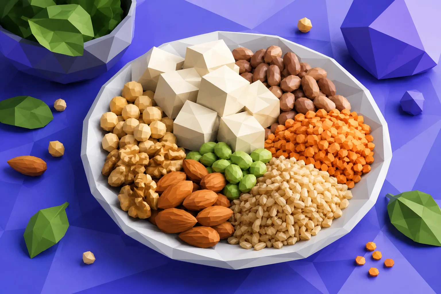 Low-poly plate of tofu, beans, lentils, nuts, and grains
