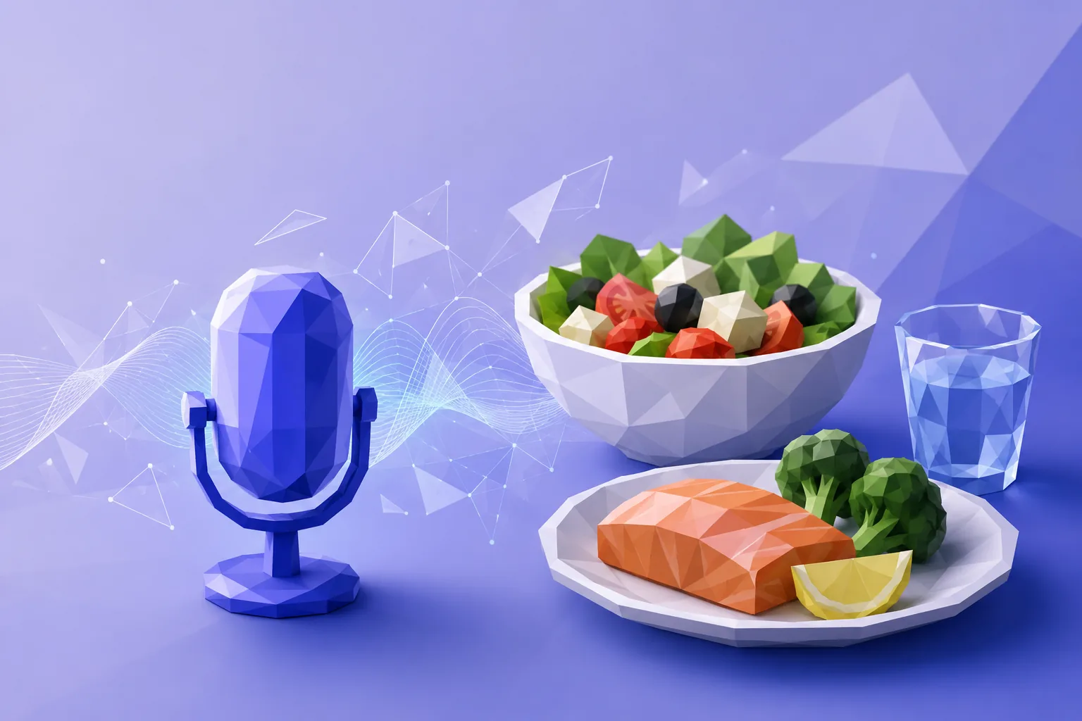 Low-poly microphone with sound waves beside food