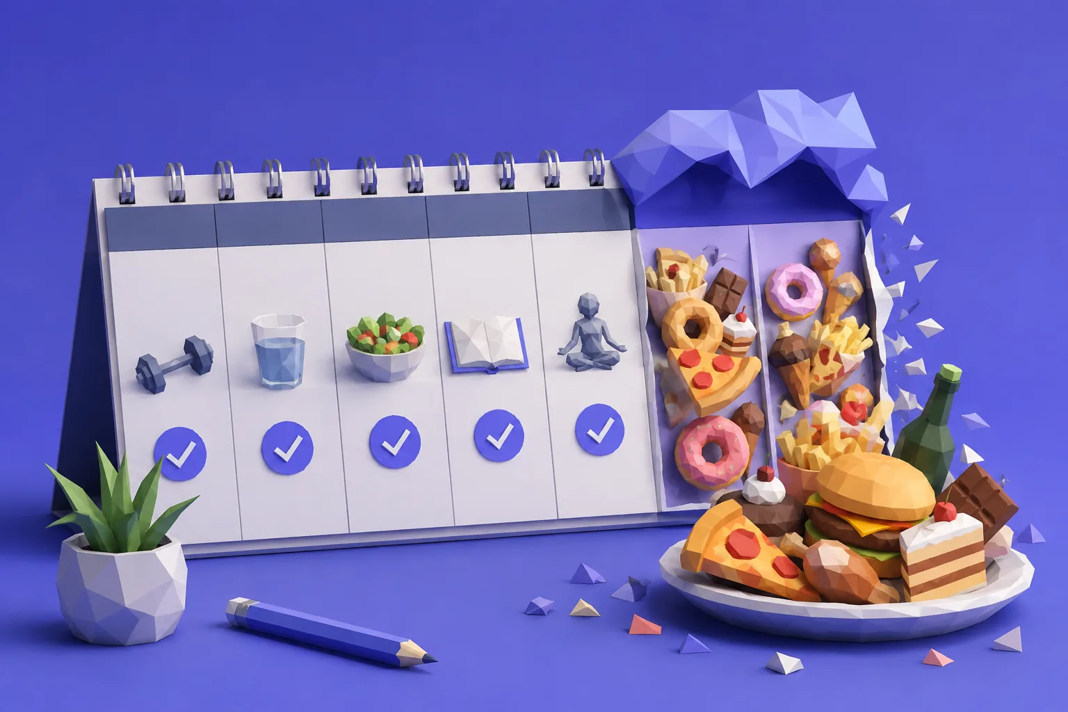 Low-poly week calendar with tidy weekdays and an overflowing weekend plate