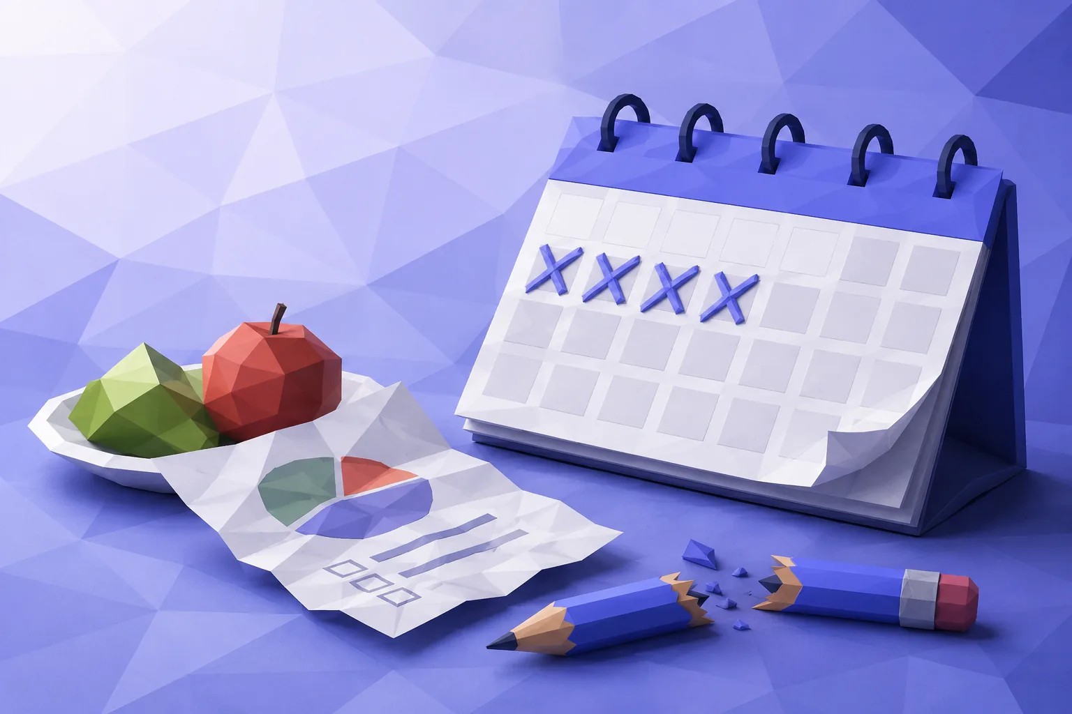 Low-poly calendar with an abandoned diet plan and a broken pencil
